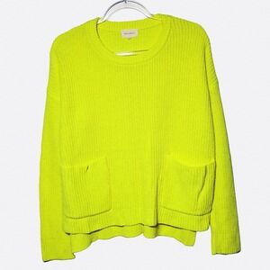 Melloday Neon Yellow Ribbed Knit Boxy Sweater Cozy Front Pockets Plus Size 1X XL